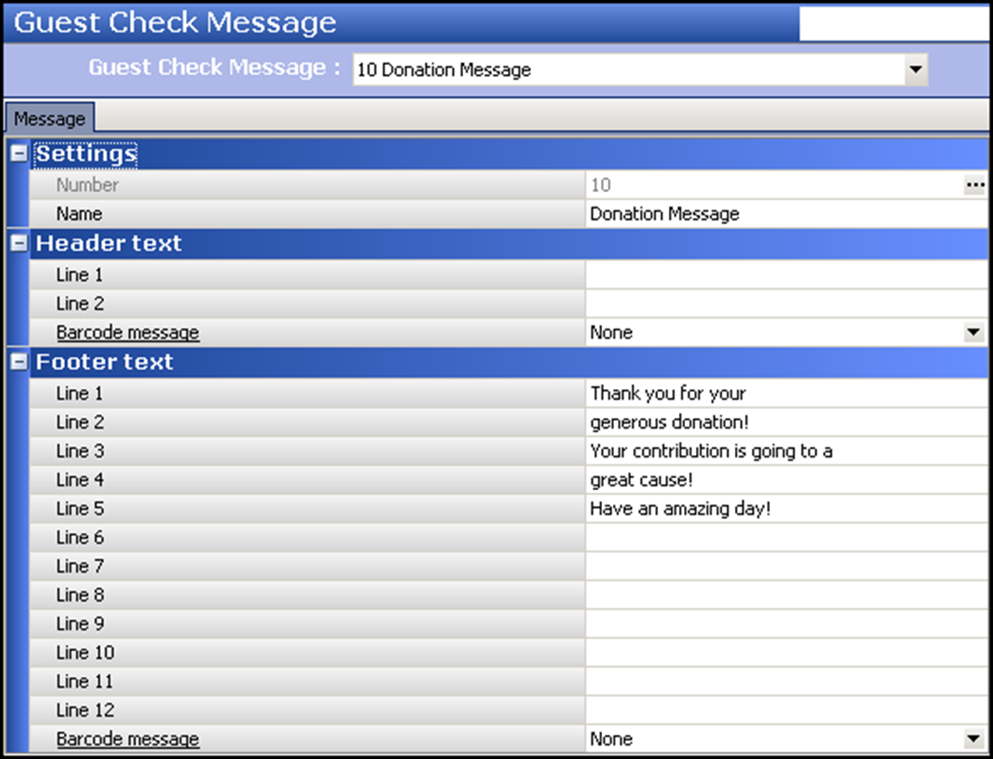 Sample thank you message in Guest Check Maintenance function