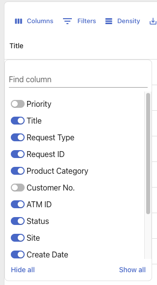 Column Selection Menu